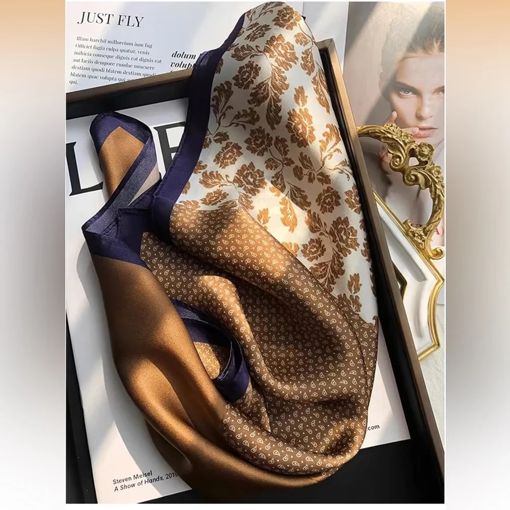 Brown & Cream Patterned Silk Scarf 100% Real Mulberry Silk Women Small 21